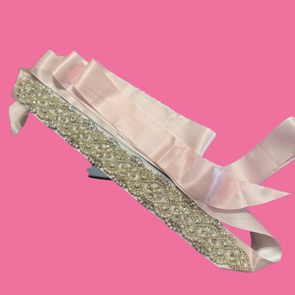 SoarDream Bridal Wedding Belt Pink Rhinestone Satin Sash - Picture 6 of 8